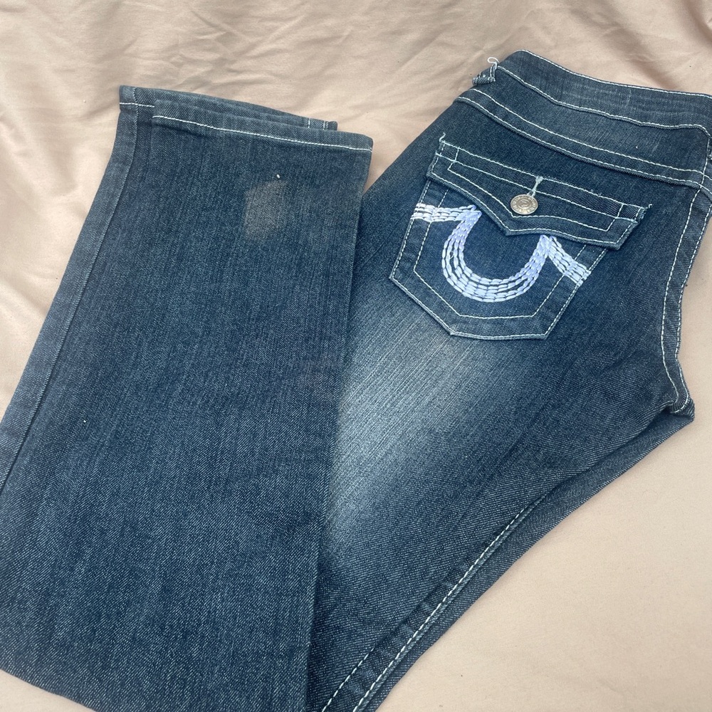 True Religion Blue Boot Cut Jeans with Decorative Stitching